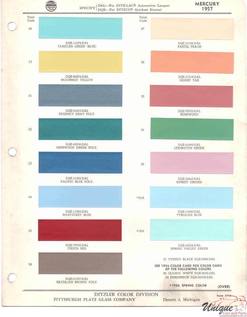 1957 Mercury Paint Charts PPG 1